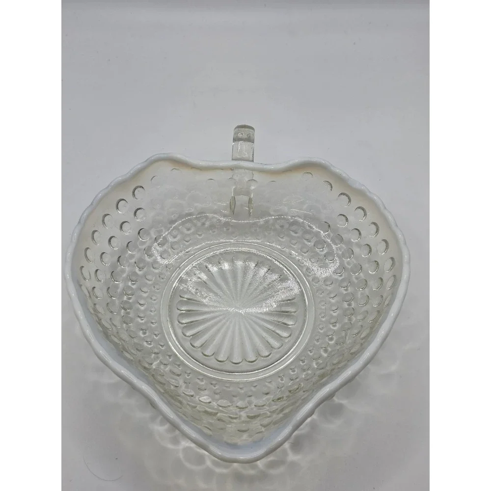 Vintage Fenton Heart MOONSTONE HOBNAIL HEART Opalescent Candy Bowl w Handle